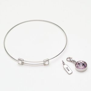 Bracelet bangle drop assortment 1pkg3 "pewter" (zinc-based alloy) / crystal, silver finish / alexandrite / clear 8 inches adjustable