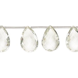 Green quartz 1pkg15, hand-cut top-drilled faceted puffed teardrop bead 13x9mm-15x10mm