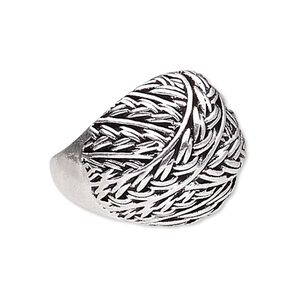 Ring, antique silver-plated "pewter" (zinc-based alloy), 20mm wide with weave design, size 10. Sold individually.