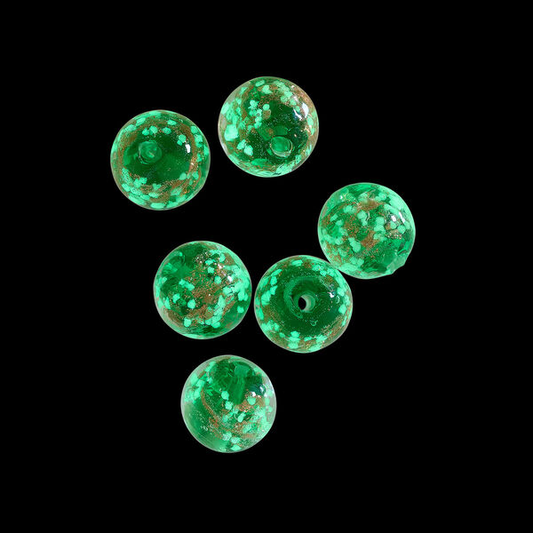 Bead, lampworked glass, clear / green / glow-in-the-dark / gold, 12mm round. Sold per pkg of 6. image number 1