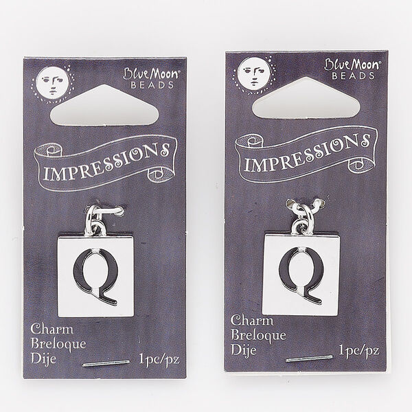 Drop, silver-finished "pewter" (zinc-based alloy) and steel, 16x15mm square with cutout alphabet letter "Q." Sold per pkg of 2. image number 0