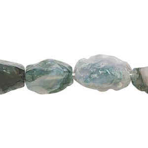 Moss agate 1pkg1, hand-knapped polished 3-sided nugget bead natural 15.5-16 inch medium-large