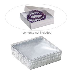 Box, plastic and paper, "cotton"-filled, silver and clear, 3-1/2 x 3-1/2 x 1-inch square. Sold per pkg of 10.