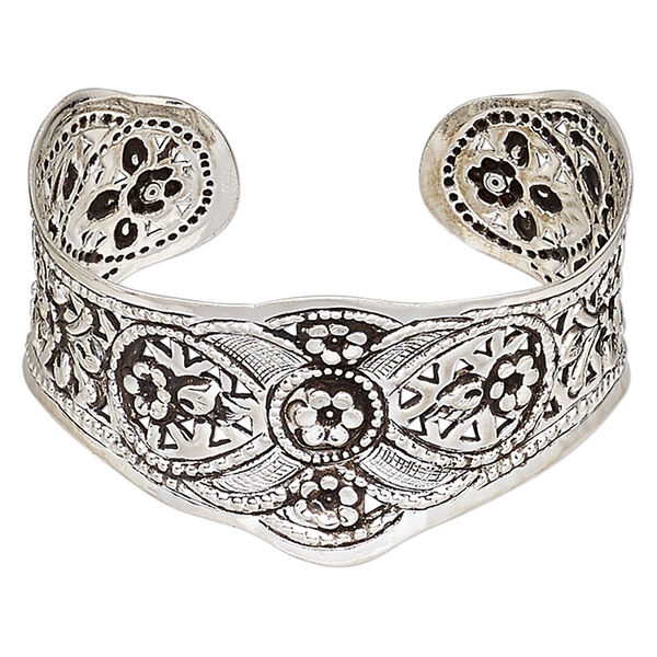 Bracelet, Hill Tribes, cuff, antique silver-plated brass, 32mm wide with flower design, adjustable. Sold individually. image number 0