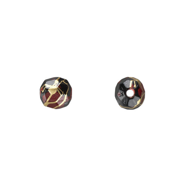 Bead, acrylic, black with red speckles and gold-colored striping, 8mm faceted round. Sold per pkg of 350. image number 0
