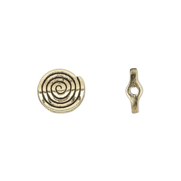 Bead, antique gold-finished "pewter" (zinc-based alloy), 11mm flat round spiral. Sold per pkg of 50. image number 0
