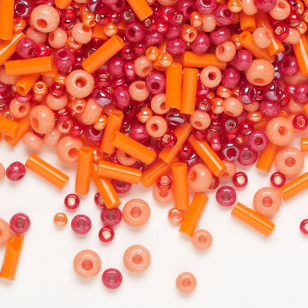 Seed bead mix, Preciosa Czech glass, pkg/50g, 5x2mm round tube, opaque and translucent multi-orange. image number 0