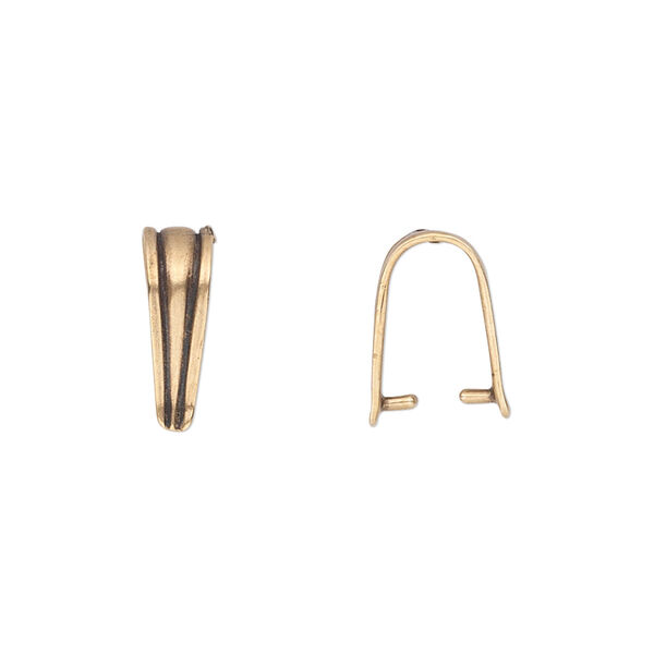 Bail, ice-pick, antiqued brass, 13x4mm shield with lines design, 10mm grip length. Sold per pkg of 2. image number 0