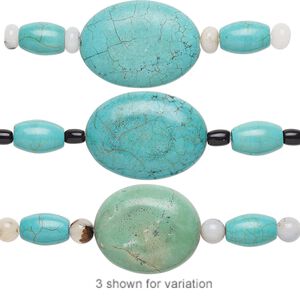 Bead mix, "turquoise" (imitation) resin and multi-gemstone (natural / dyed / heated) / glass, green / blue-green / black, 6mm-30x22mm mixed shape. Sold per pkg of 7.