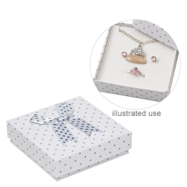 Gift box, cardboard / paper / leatherette / polyester / steel, white and grey, 3-1/2 x 3-1/2 x 1-inch square with polka dot design and bow. Sold per pkg of 12. image number 0