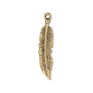 Charm, antique gold-finished "pewter" (zinc-based alloy), 28x7mm double-sided feather. Sold per pkg of 10.