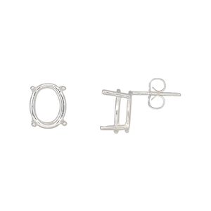 Earstud 1pkg2 Sure-Set™ sterling silver, 10x8mm oval pre-notched 4-prong basket-style / earnuts, 1 pair