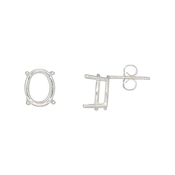 Earstud 1pkg2 Sure-Set™ sterling silver, 10x8mm oval pre-notched 4-prong basket-style / earnuts, 1 pair image number 0