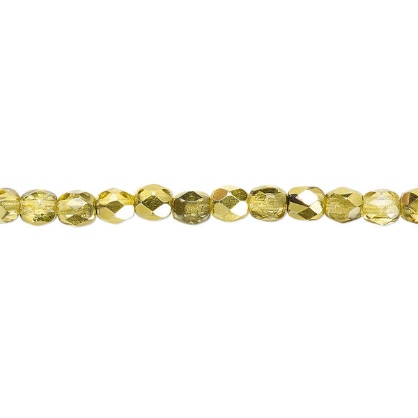 Bead, Czech fire-polished glass, clear with half-coat metallic yellow gold, 4mm faceted round. Sold per 15-1/2" to 16" strand. image number 0