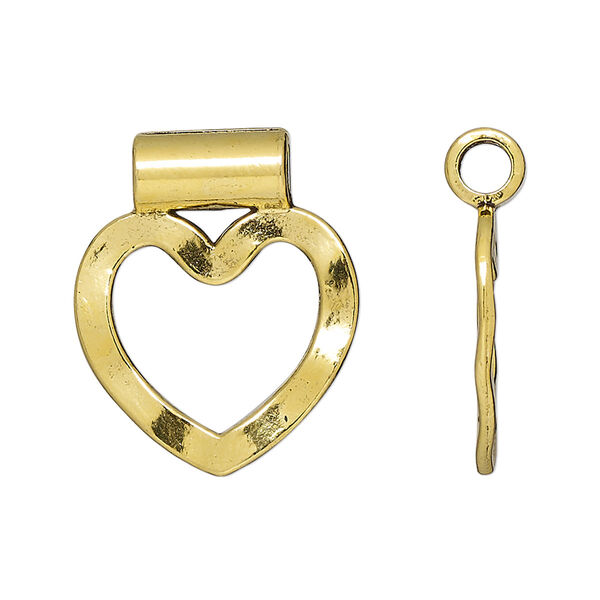 Pendant, slide, antique gold-finished "pewter" (zinc-based alloy), 25x21mm double-sided hammered open heart, 3.5mm inside diameter. Sold per pkg of 10. image number 0