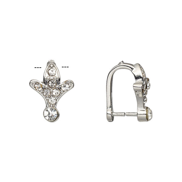 Bail, ice-pick, Egyptian glass rhinestone and imitation rhodium-plated brass, clear, 14x10mm flower, 8mm grip length. Sold per pkg of 6. image number 0