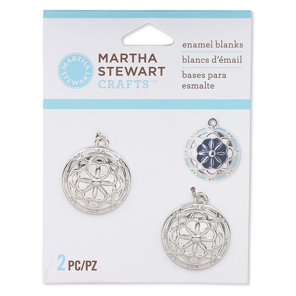 Drop, silver-finished "pewter" (zinc-based alloy), 22mm round enamel blank with flower design. Sold per pkg of 2. image number 0