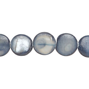 Mother-of-pearl shell 1pkg1, puffed flat round bead 15 inch dark denim blue 10-11mm