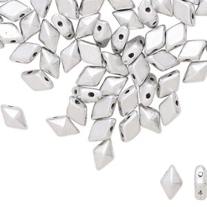 Bead, DiamonDuo™, Czech pressed glass, opaque matte silver, 8x5mm faceted diamond with flat back and (2) 0.7-0.8mm holes. Sold per 50-gram pkg, approximately 350 beads.
