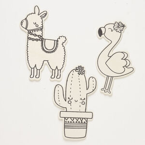 Focal assortment 1pkg3, wood (natural), tan and black, 4-1/2 x 2-1/2 inch cactus / 4-1/2 x 2-1/4 flamingo / 4-1/2 x 3 inch llama.