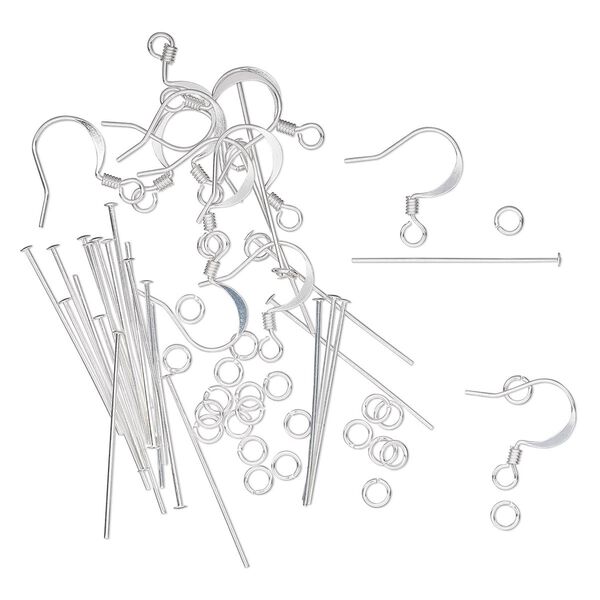 Earring finding assortment 1pkg60 silver-plated, 16mm fishhook ear wire / 1.125 inch head pin / 4mm jump ring, 22 gauge brass image number 0