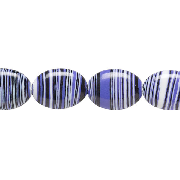 Bead, resin, black / white / purple, 14x10mm flat oval. Sold per 15" to 16" strand. image number 0