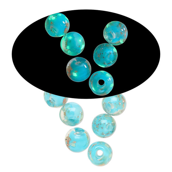 Bead, lampworked glass, clear / light blue / glow-in-the-dark / gold, 6mm round. Sold per pkg of 6. image number 0