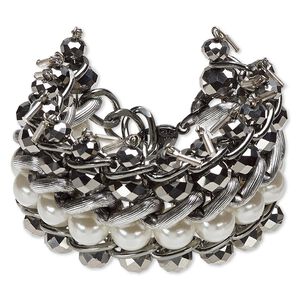 Bracelet, glass / acrylic / hematite-finished copper / gunmetal- / antique silver-plated aluminum, black, 53mm wide with faceted round, 6 inches with 2-1/2 inch extender chain and lobster claw clasp. Sold individually.