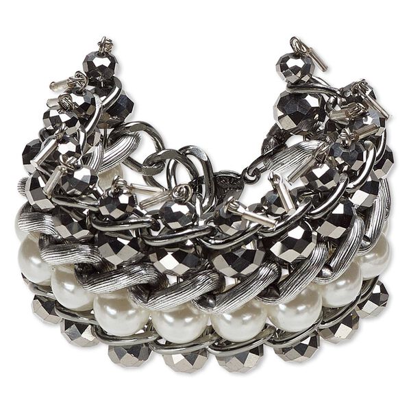 Bracelet, glass / acrylic / hematite-finished copper / gunmetal- / antique silver-plated aluminum, black, 53mm wide with faceted round, 6 inches with 2-1/2 inch extender chain and lobster claw clasp. Sold individually. image number 0