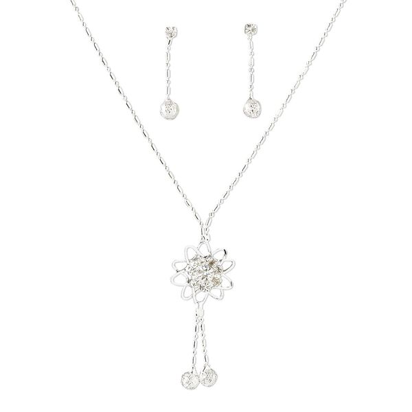 Necklace and earring set, rhinestone with silver-plated brass and steel, crystal clear, 20mm flower, 16 inches with 2-inch extender chain and springring clasp, earstud. Sold per set. image number 0