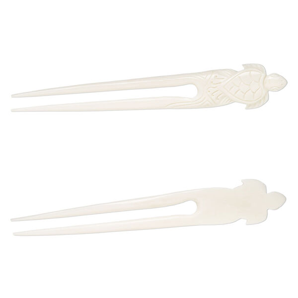 Hair stick, bone (bleached), pkg/1, 6 to 6-1/2 inches with turtle. image number 0