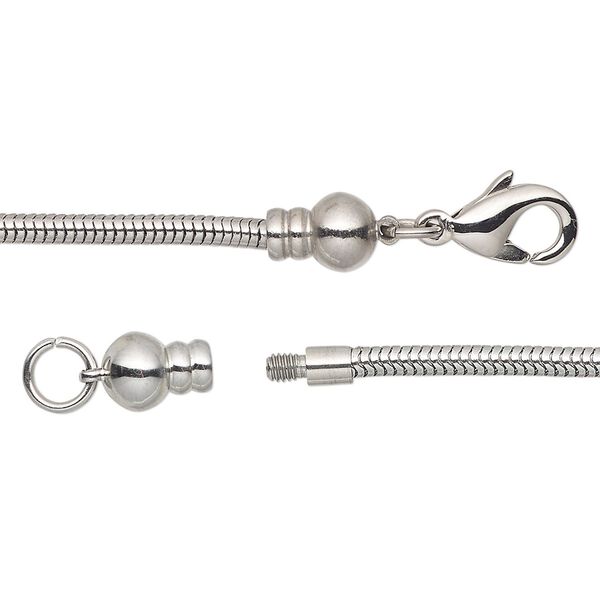 Dione® Easy-On Chain, stainless steel, 2.4mm snake, 7 inches with 3.2mm threaded ball end and lobster claw clasp. Sold individually. image number 0