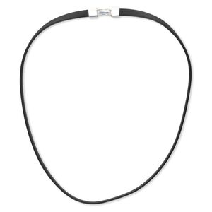 Necklace cord, rubber and sterling silver, black, 7mm flat, 20 inches with fold-over clasp. Sold individually.