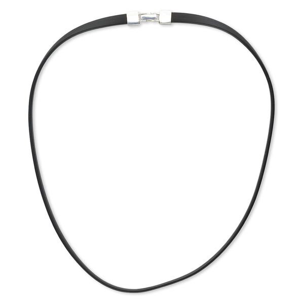 Necklace cord, rubber and sterling silver, black, 7mm flat, 20 inches with fold-over clasp. Sold individually. image number 0