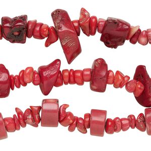 Bead mix, bamboo coral (dyed), light to dark red, 17x8mm-35x17mm vertebrae and medium to extra-large chip, C grade, Mohs hardness 3-1/2 to 4. Sold per pkg of (3) 8-inch strands.