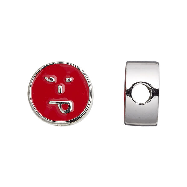 Bead, Dione®, enamel and silver-finished "pewter" (zinc-based alloy), red, 16mm double-sided flat round with playful emoticon face and 4mm hole. Sold individually. image number 0
