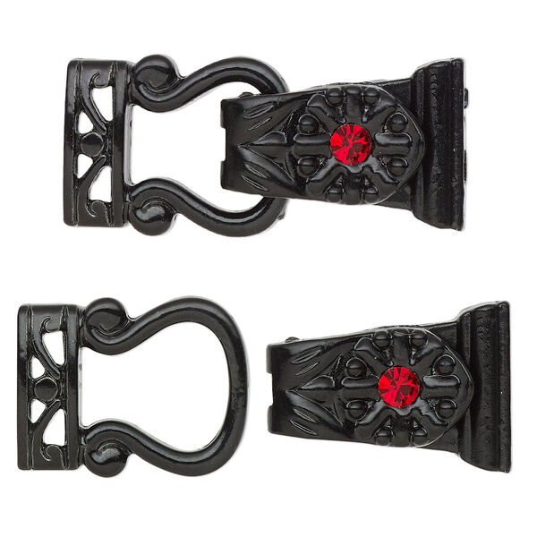 Clasp, magnetic, black-finished "pewter" (zinc-based alloy) and glass, red, 29x13mm 2-strand fold-over. Sold per pkg of 2. image number 0