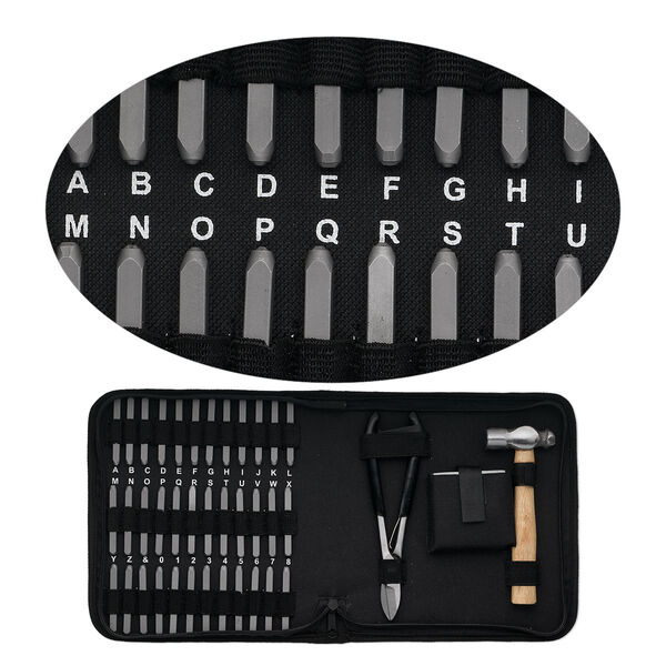 Stamp punch set, nylon / rubber / steel, black, alphabet letters A-Z / numbers 0-9 / "&" symbol, includes ball peen hammer /shears / steel block. Sold per 40-piece set. image number 0
