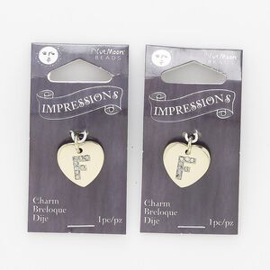 Charm, gold-finished "pewter" (zinc-based alloy) / steel / acrylic rhinestone, clear, 15.5x15mm single-sided puffed heart with letter "F." Sold per pkg of 2.