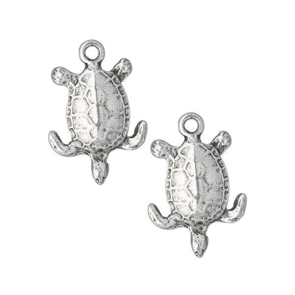 Charm, antiqued pewter (tin-based alloy), 18x15mm single-sided turtle. Sold per pkg of 2. image number 0