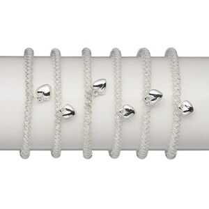 Bracelet, stretch, steel and silver-coated plastic, twisted coil with 9mm heart, 7 inches. Sold per pkg of 6.