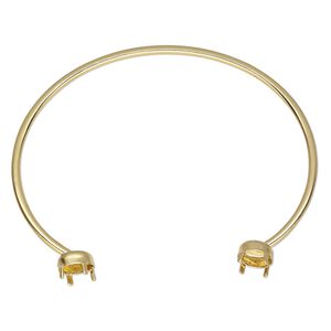 Bracelet, cuff, gold-finished brass, 2mm oval with (2) 7mm round rivoli or chaton mountings, 6-1/2 inches. Sold individually.