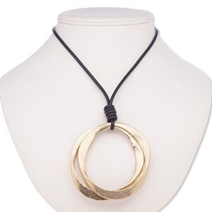 Necklace, leather (dyed) / rose gold-finished plastic / rose gold-finished brass / steel / "pewter" (zinc-based alloy), black, 3-1/4 x 2-3/4 wavy round donut, 32 inches with 2-inch extender chain and lobster claw clasp. Sold individually.