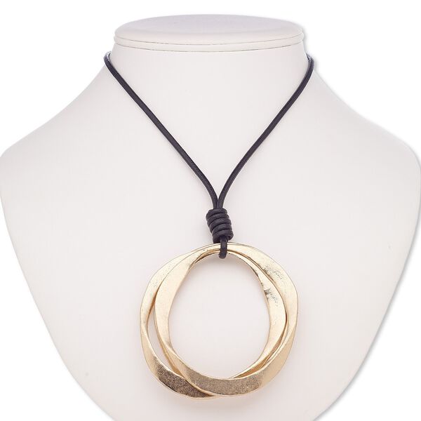 Necklace, leather (dyed) / rose gold-finished plastic / rose gold-finished brass / steel / "pewter" (zinc-based alloy), black, 3-1/4 x 2-3/4 wavy round donut, 32 inches with 2-inch extender chain and lobster claw clasp. Sold individually. image number 0