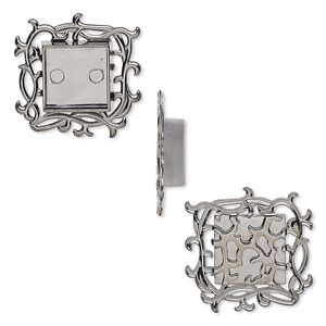 Component, gunmetal-plated "pewter" (zinc-based alloy), 35x35mm square with vines and 17x17mm non-calibrated square setting. Sold individually.