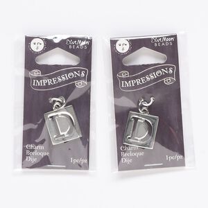 Drop, silver-finished "pewter" (zinc-based alloy) and steel, 16x15mm square with cutout letter "D." Sold per pkg of 2.