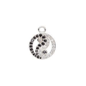 Charm, sterling silver and cubic zirconia, black and clear, 14mm single-sided flat round with yin-yang design. Sold individually.