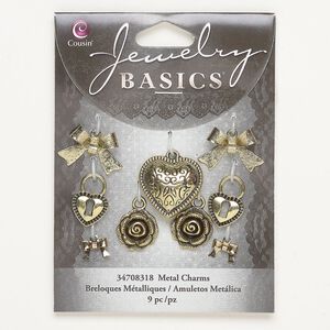 Charm assortment, steel and brass, pkg/9, antique gold finish, 9x7mm-21x20mm assorted shapes.