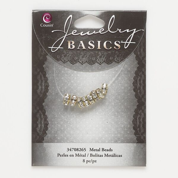 Bead, gold-finished "pewter" (zinc-based alloy) and glass, clear, 7x3mm rondelle. Sold per pkg of 8. image number 0