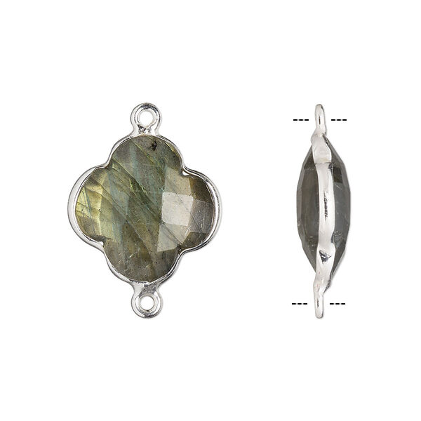 Link, labradorite (natural) and sterling silver, 16-17mm hand-cut double-sided faceted clover. Sold individually. image number 0